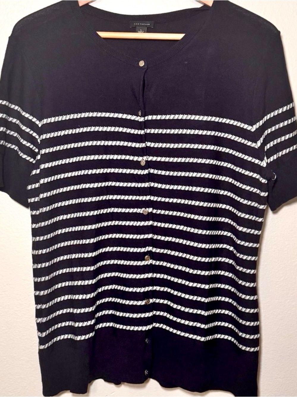 Ann Taylor Navy White Striped Short Sleeve Cardigan Large Nautical Knit
